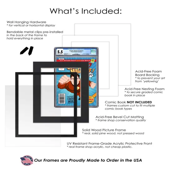 Comic Book Frame with Mat for 4 Graded Comics - Black Wood Comic Frame With Black Mat for 8.125x13 Comics - 20.75x30.5 Frame Size {3}
