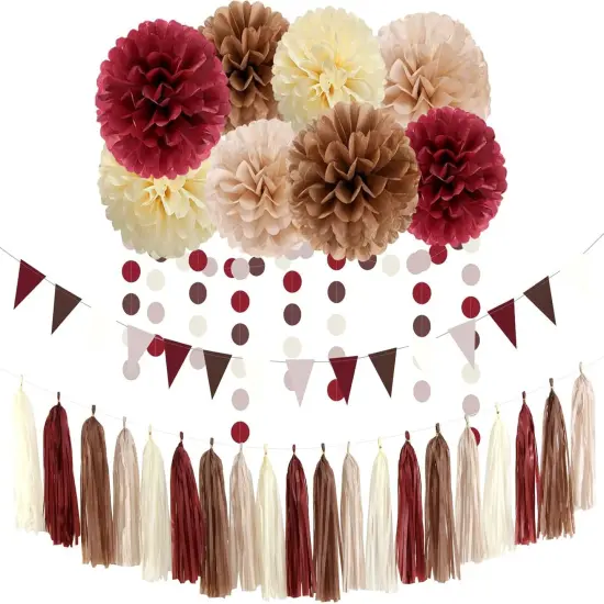 Brown Burgundy Champagne-Gold Party-Decorations - 30pcs Rustic Boho Wedding Tissue Pom-Poms Streamers ,Fall Autumn Tassel Garland Banner,Birthday Baby Bridal Shower Engagement Decor {1}
