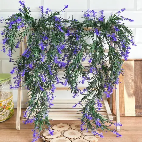 2 pack Fake Hanging Lavender Flowers Artificial Hanging Plants Wall Purple Faux Ferns Room Home Garden Decor Indoor Outdoor Decorations {1}