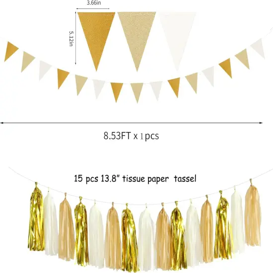 White Gold Champagne Party Decorations - 23pcs Tissue Pom Poms Streamers,Christmas Wedding Engagement Tassel Garland Banner,Bachelorette Neutral Birthday Baby Bridal Shower Decor Lasting Surprise {3}