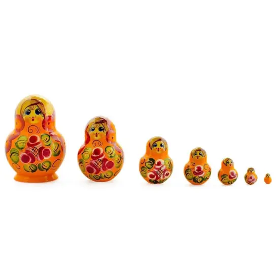 Set of 7 Orange and Red Dress Wooden Nesting Dolls 3.5 Inches {1}