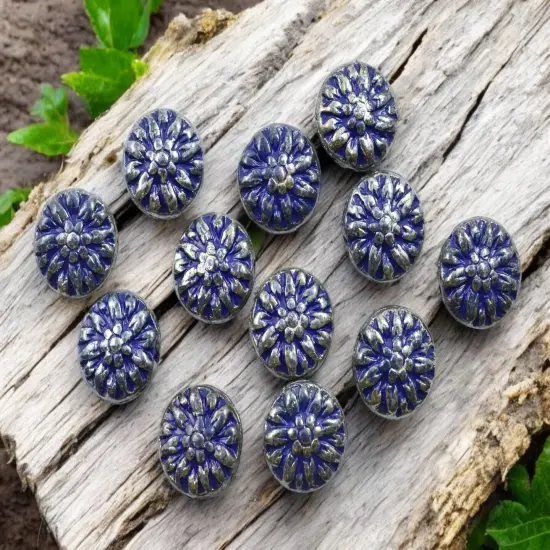 *12* 15mm Navy Blue Silver Luster Dahlia Flower Coin Beads {3}