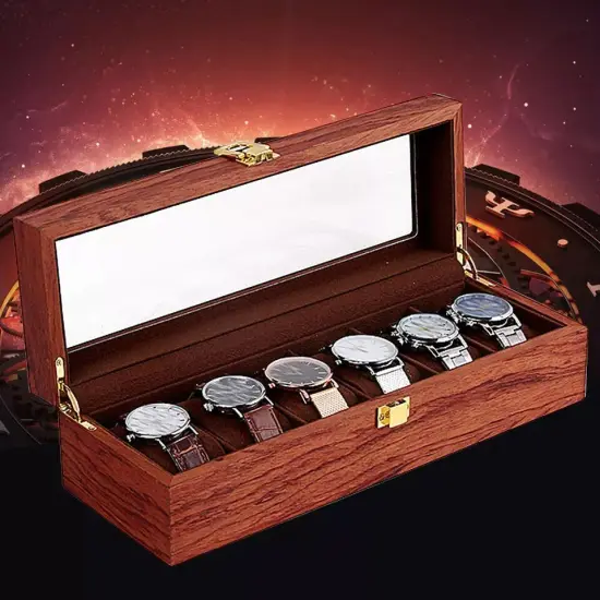 6 Slots Wooden Wrist Watch Display Case Glass Top Jewelry Storage Organizer Box {4}