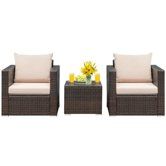 3 Pcs Patio Conversation Rattan Furniture Set with Cushion Beige {11}