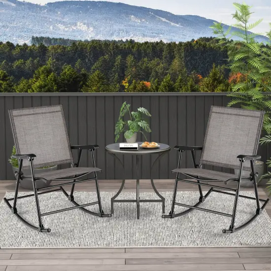 Costway 2 PCS Patio Folding Rocking Chair Heavy-Duty Metal Frame Rockers Outdoor Black/Gray/Brown {2}