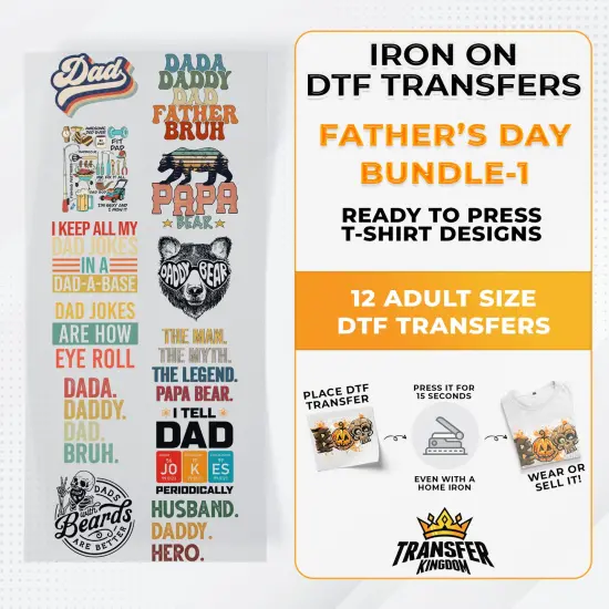 Father's Day Bundle Iron on DTF Transfer Bundle 1 - 12 Best Seller Ready To Press T-shirt Designs {1}