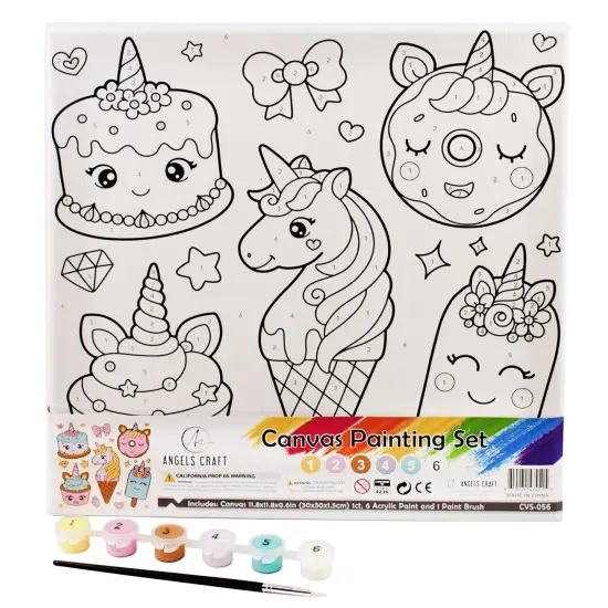 Angels Craft Paint by Number Canvas Set - Kawaii Treats | Includes: 1 Pre-printed Canvas, 6 Acrylic Paint pots, 1 Artist Brush {2}
