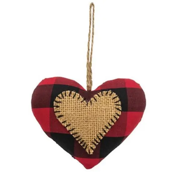 Red & Black Buffalo Check Heart Stitched Fabric Ornament {1}