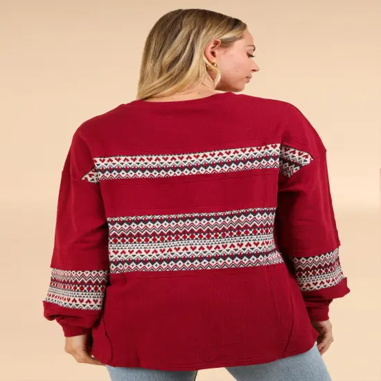 Plus Size Oversized Printed Knit Contrast Knit Top WINE {7}