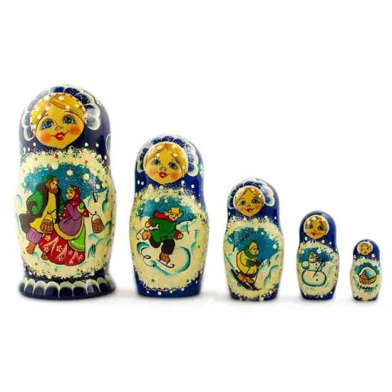 Set of 5 Family Christmas Celebration Wooden Nesting Dolls 6.5 Inches {1}