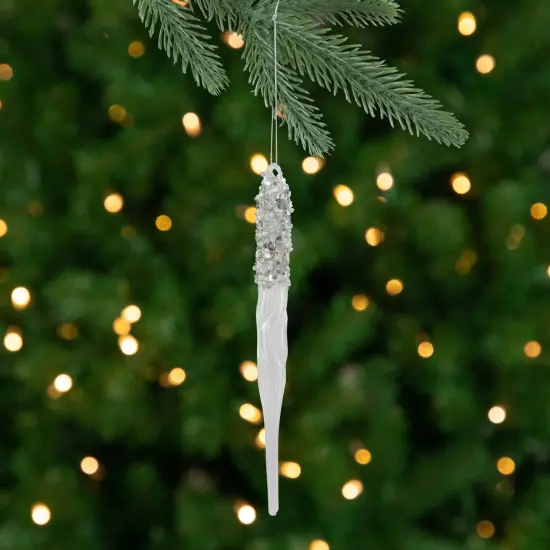 Northlight Sequined and Beaded Icicle Glass Christmas Ornament - 9" - Clear {1}