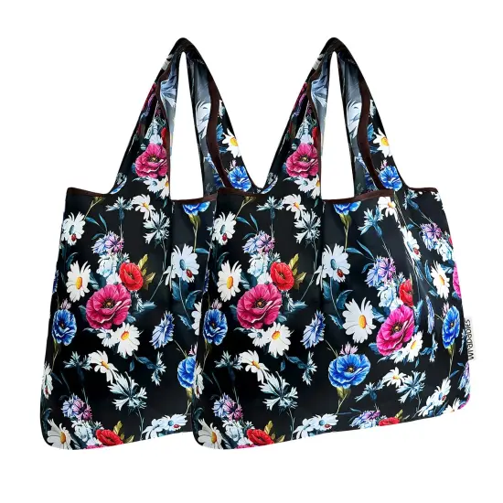 Wrapables Foldable Tote Nylon Reusable Grocery Bag (Set of 2), Midnight Bouquet {1}