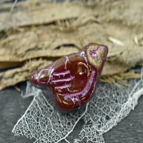 *6* 11x22mm Metallic Pink Washed Golden Opaque Red Bird Beads {5}