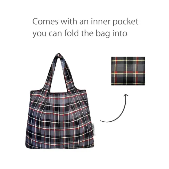 Wrapables Foldable Tote Nylon Reusable Grocery Bag (Set of 2), Black Plaid {4}