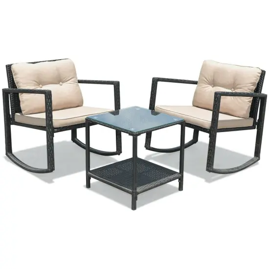 3 Pieces Wicker Rocking Bistro Set with Glass Coffee Table and Storage Shelf Navy {12}
