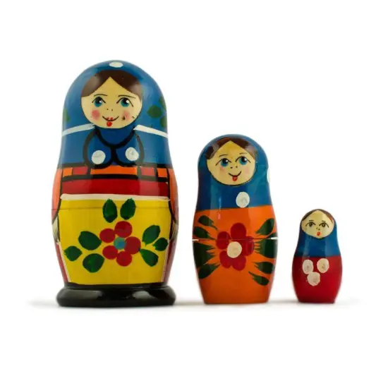 Set of 3 Folk Girls in Blue Scarf Wooden Nesting Dolls 3.5 Inches {1}