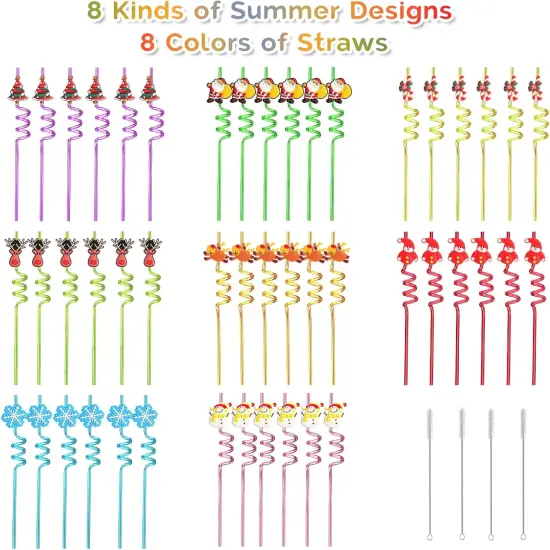 48 Christmas Party Favors for Kids, Christmas Party Decorations Supplies, Xmas Candy Bags Supplies, Christmas Goodie Gifts, Drinking Straws with 4 Cleaning Brushes {7}