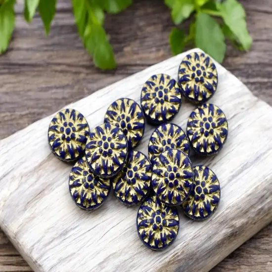 *12* 15mm Gold Washed Navy Blue Dahlia Flower Coin Beads {2}