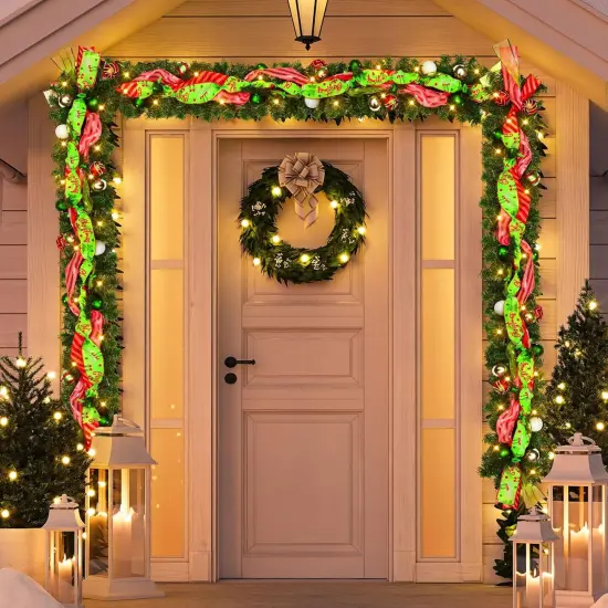 6 ft Prelit Christmas Garland with Lights for Mantle Lighted Xmas Garland with Red Green Balls {5}