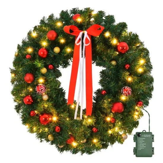 Kitcheniva Pre-Lit 24" Christmas Wreath With 50 LED Lights Bows Wall Decor {1}
