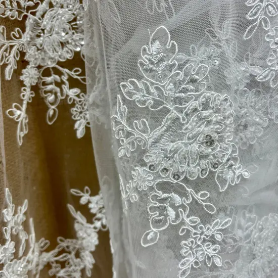1 Yard Beaded & Corded Bridal Lace Fabric on 100% Polyester Net Mesh, Embroidered, 49" Wide, Elegant Wedding Fabric White {4}