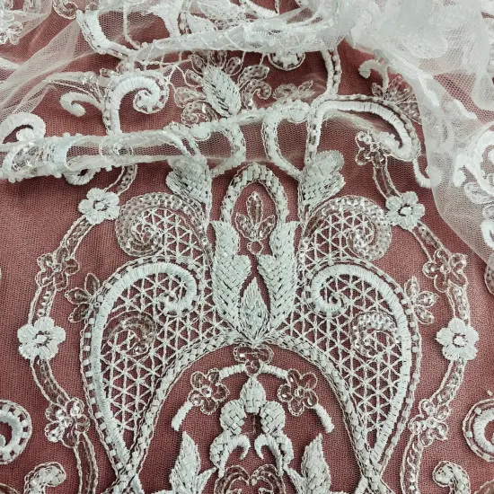 1 Yard Ivory Beaded & Sequined Embroidered Lace Fabric on 100% Polyester Mesh, 54" Wide {4}