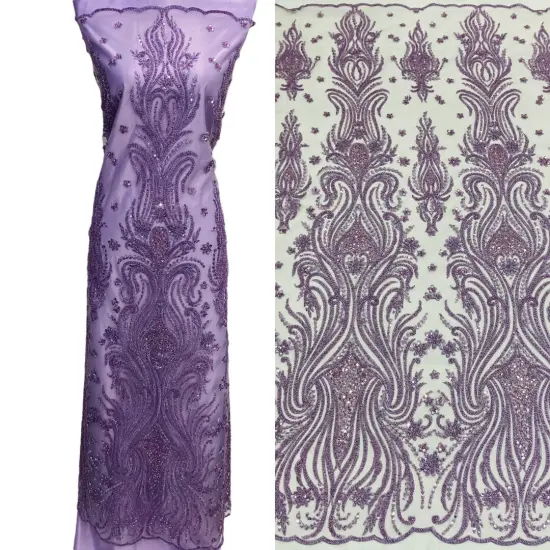 1 Yard Beaded Lace Fabric, 52" Embroidered Polyester Net Mesh Fabrication Lilac {1}