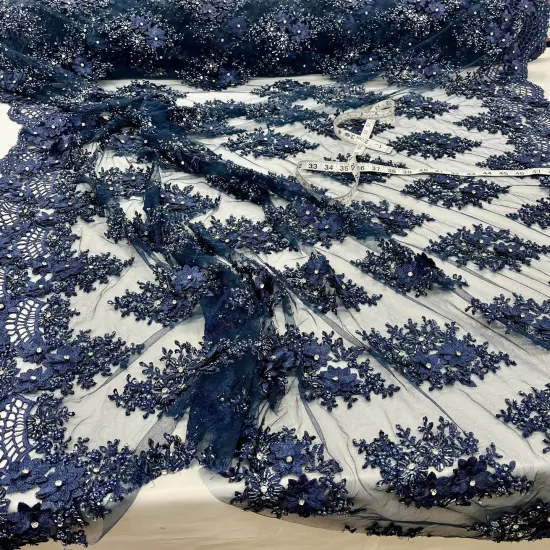 1 Yard Beaded 3D Floral Embroidered Lace Fabric on Polyester Net Mesh, 52" Width Black {3}