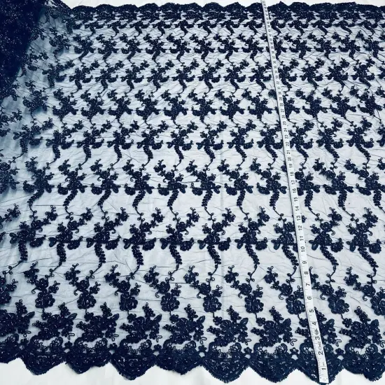1 Yard Elegant Beaded and Corded Lace Fabric Embroidered on Polyester Net Mesh 54" Width Navy {1}