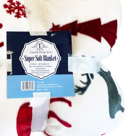 98x92" Oversized Sherpa Blanket Deer & Snowflake Design, Ultra-Soft Flannel Fleece Front White {7}