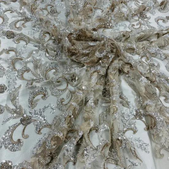 1 Yard Champagne Beaded Lace Fabric Embroidered on Polyester Mesh, 53" Wide {1}