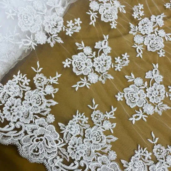 1 Yard Luxurious Corded Bridal Lace Fabric Embroidered on Soft 100% Polyester Net Mesh 51" Width White {7}