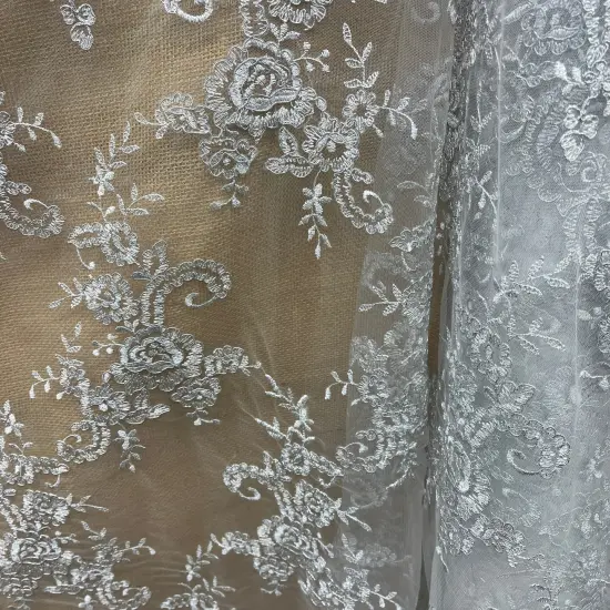 1 Yard Elegant Corded Bridal Lace Fabric Embroidered on 100% Polyester Net Mesh 52" Width Silver Metallic {3}