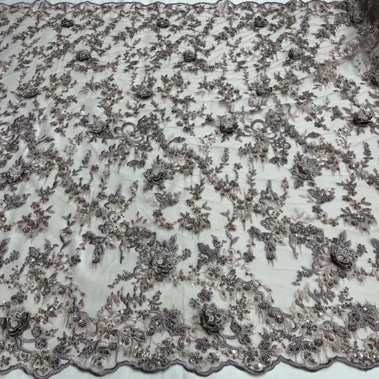 1 Yard Beaded Rhinestone 3D Floral Lace Fabric for Bridal Dresses Dance Costumes 50" Width Blue/Grey {2}