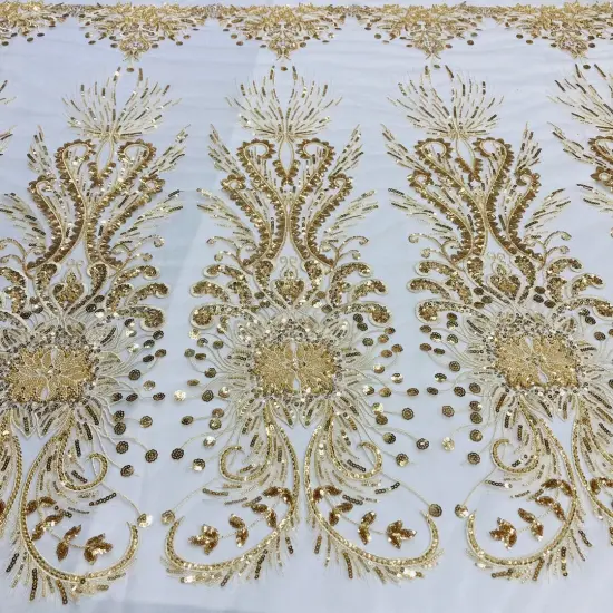 1 Yard Beaded Lace Fabric on 100% Polyester Net Mesh, Embroidered Lace Materia, 52" Wide Gold {1}
