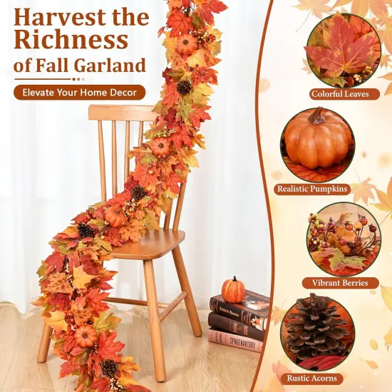 5.9 Ft Fall Leaves Garland with Pumpkins {4}