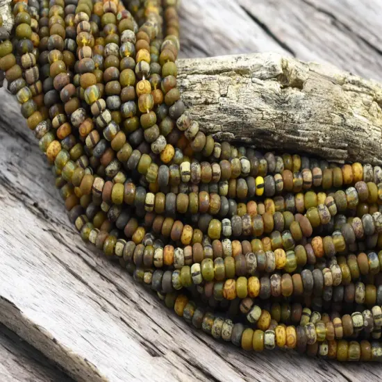 6/0 Aged Matte Rustic Bear Striped Picasso Czech Glass Seed Bead Mix (21" Strand) {4}