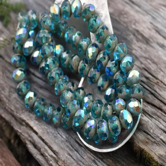 *25* 6x8mm Pacific Blue AB Picasso Fire Polished Rondelle Beads {1}