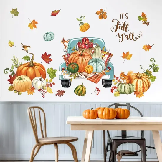 Fall Thanksgiving Pumpkin Wall Stickers Autumn Leaves Truck Peel {4}