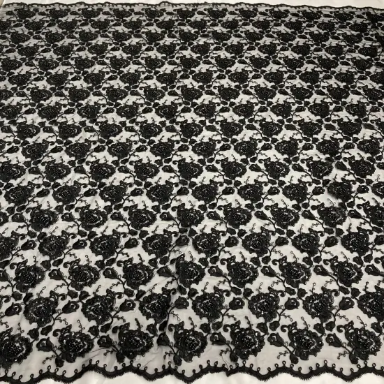 1 Yard Beaded Corded Bridal Lace Fabric Embroidered Net Mesh Black 51" Width {1}