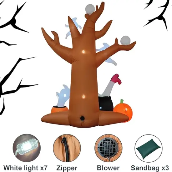 Outdoor Spooky Halloween Tree with Blow up Ghosts, Eyeballs, Pumpkins {3}