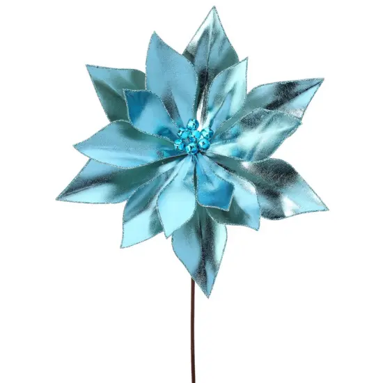24" Aqua Blue Retro Poinsettia Stem with Jingle Bells - Elegant Christmas Floral Decoration {1}