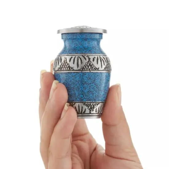 Small Keepsake Cremation Urns for Human Ashes, Set of 4 Blue and Silver w Case {3}