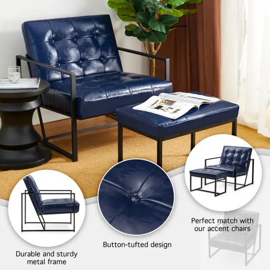 Set of 2 Modern Hunter Thick Leatherette Accent Chair & Accent Stool Blue {5}