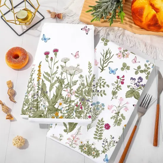 Vintage Wildflower Butterfly Kitchen Towel Green Wild Floral Dish Towel 18 x 28 Inch Hand Drying Tea Towel for Spring Cooking Baking Party Supplies, 2Pcs {4}