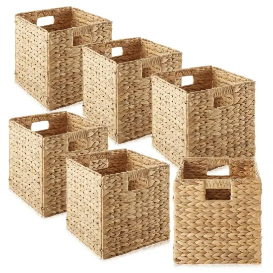 Set of 6 Hyacinth Storage Cubes, 10.5" Wicker Basket Bins for Shelves, Natural {1}