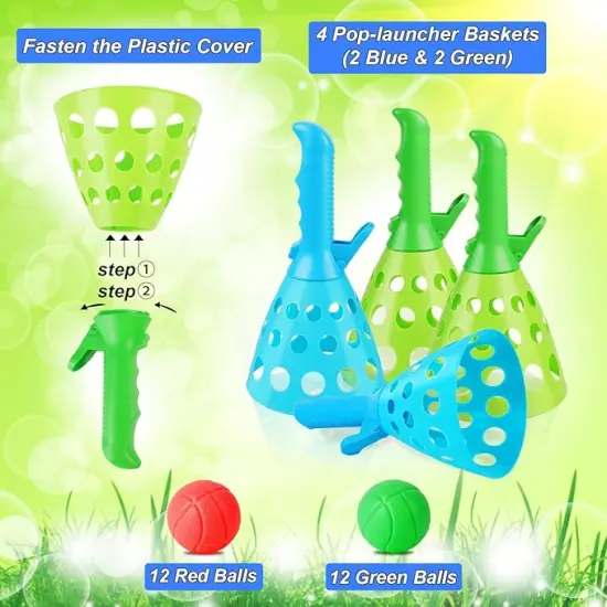 Outdoor Indoor Game Activities for Kids, Pop-Pass-Catch Ball Game with 4 Catch Launcher Baskets and 24 Balls, Christmas Party Favors Beach Sport Toys for Kids Age 5 6 7 8 9+ {3}