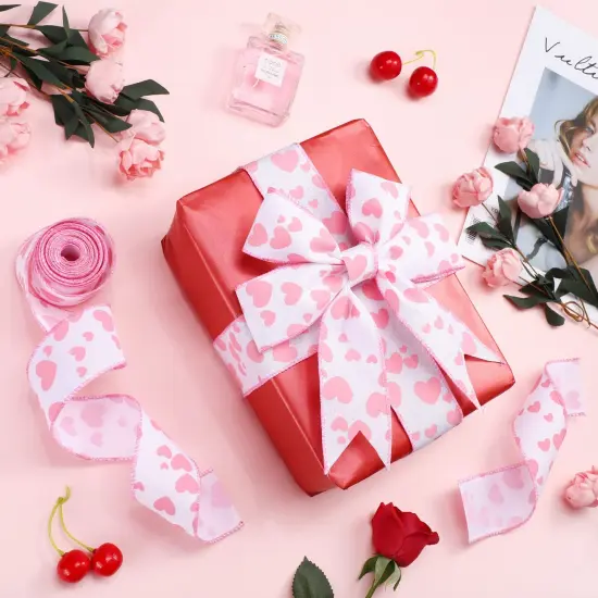 2 Rolls 12 Yards Valentine's Day Burlap Wired Ribbon Heart Printed Love Ribbon Edge Ribbon 2.5 Inch Patterned Hearts for Favor Wrapping Wreaths Craft Prensent Wrapping Decorative Bow (Pink and White) {4}