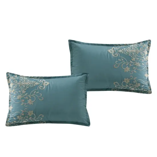 7 Piece Blue Queen Comforter Set with Damask Pattern {4}