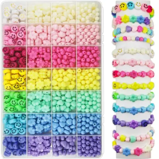 1260 Pieces Acrylic Pastel Beads, Candy Color Flower Beads Happy Face Beads Heart Beads Round Shaped Beads Colorful Assorted Cute Beads Kawaii Beads Bulk for Bracelets Jewelry Making Phone Charm Bead {2}